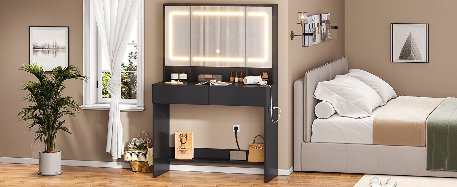 Великий туалетний столик AOGLLATI з великим дзеркалом та регульованою LED-підсвіткою. Косметичний столик з розетками, 3 висувними ящиками та 2 шафками. Сучасний туалетний столик для спальні (білий/чорний)