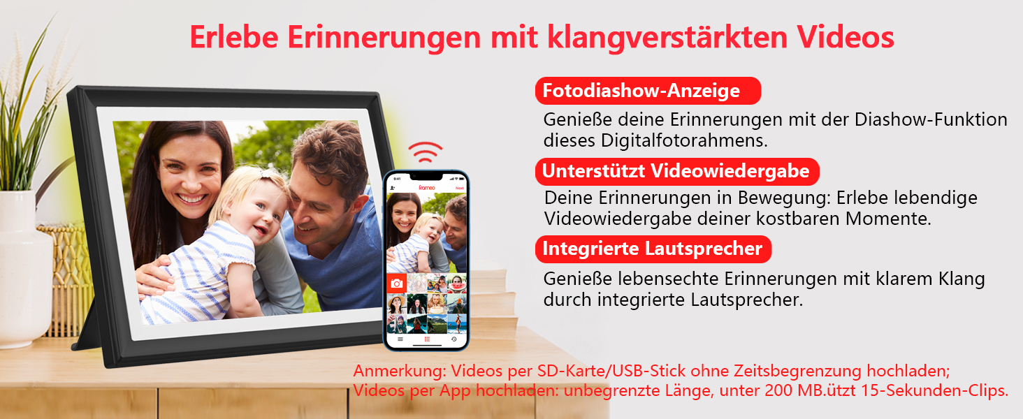 FRAMEO Цифровий фоторамка 15.6 дюймів WiFi, FHD 1920x1080, 32GB, IPS сенсорний екран, автоповорот, кріплення на стіну. Діліться фото та відео через додаток FRAMEO