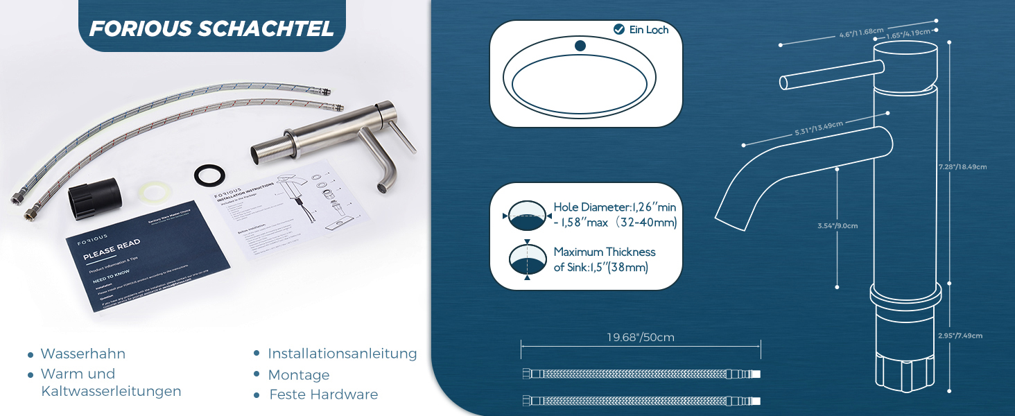 Змішувач для ванної кімнати FORIOUS з набором для зливу, чорний, висота виливу 190 мм, однорідний, для умивальника, нержавіюча сталь