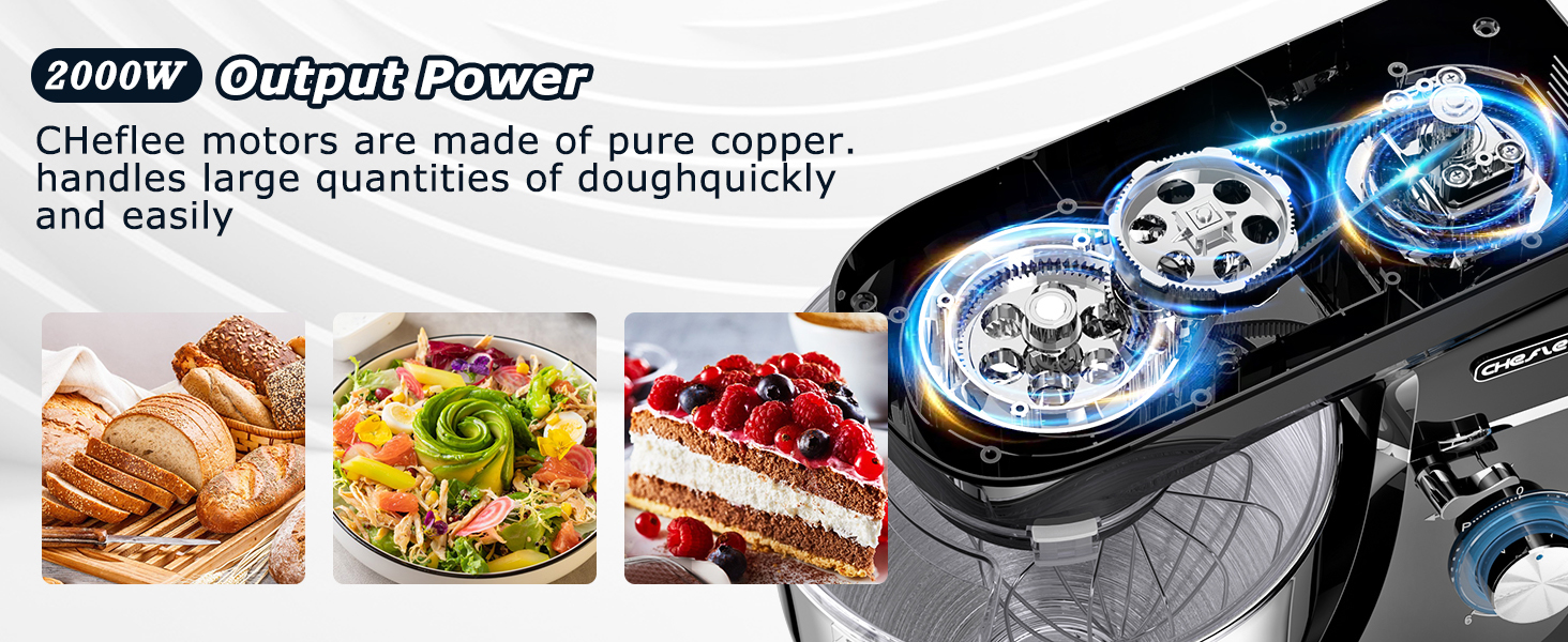 Кухонна машина Cheflee 2000W: потужна планетарна міксер для тіста та збивання, 6 швидкостей, 7.2 л чаша з нержавіючої сталі, гак та вінчик, захист від бризок, чорний