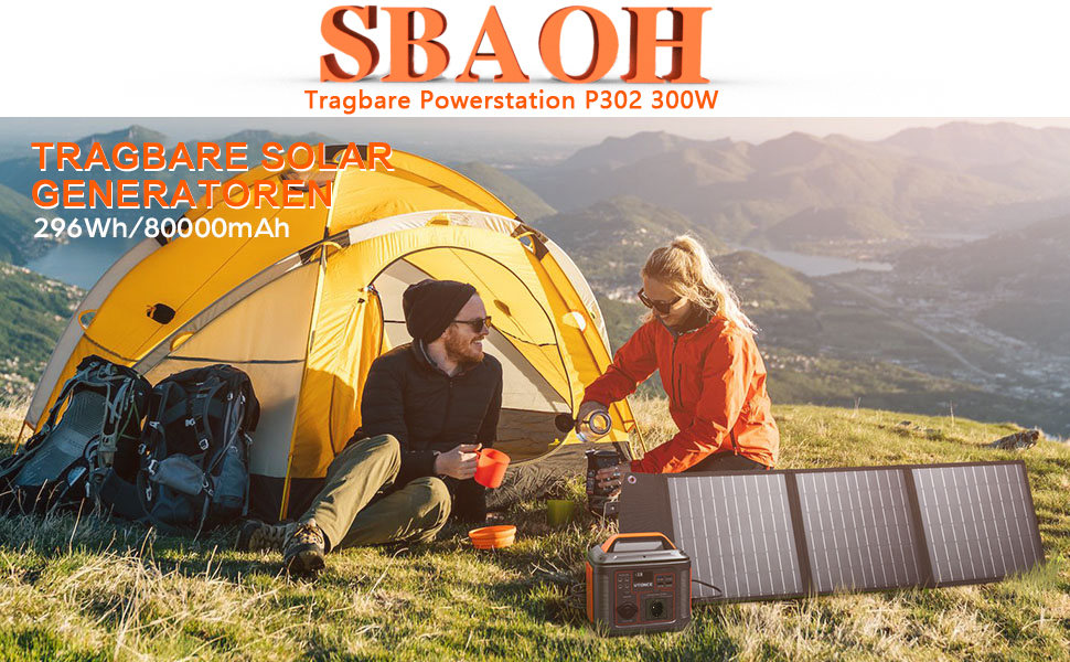 Портативна електростанція 300W SBAOH, 296Wh, Генератор з швидкою зарядкою, 230V AC, Розетки/DC порти та LED ліхтарик, Мобільний генератор для подорожей/кемпінгу/відпочинку на природі