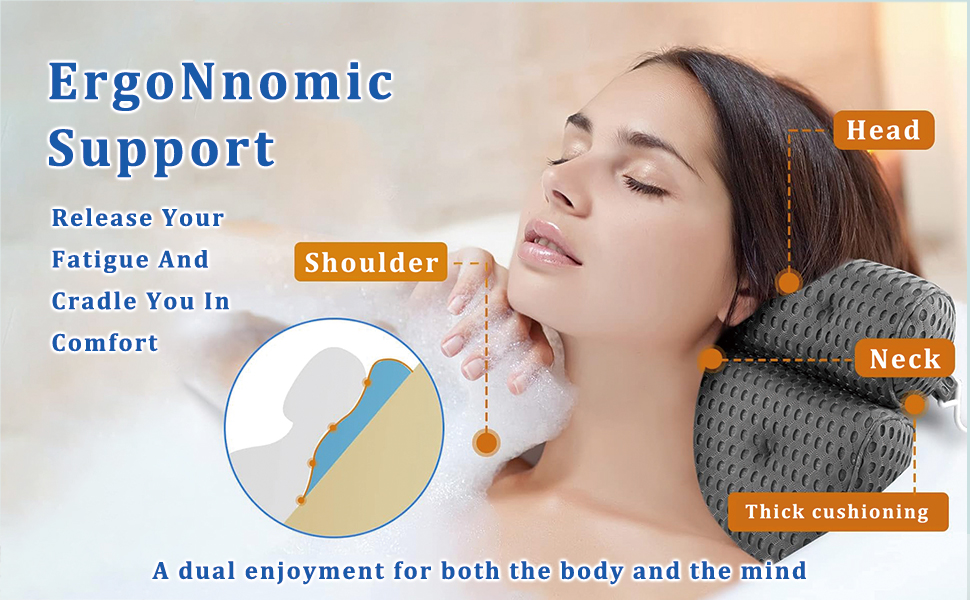 Подушка для ванни з піни Memory Foam, антиковзка, для шиї та спини, 4D вентиляція, 6 присосок, сіра