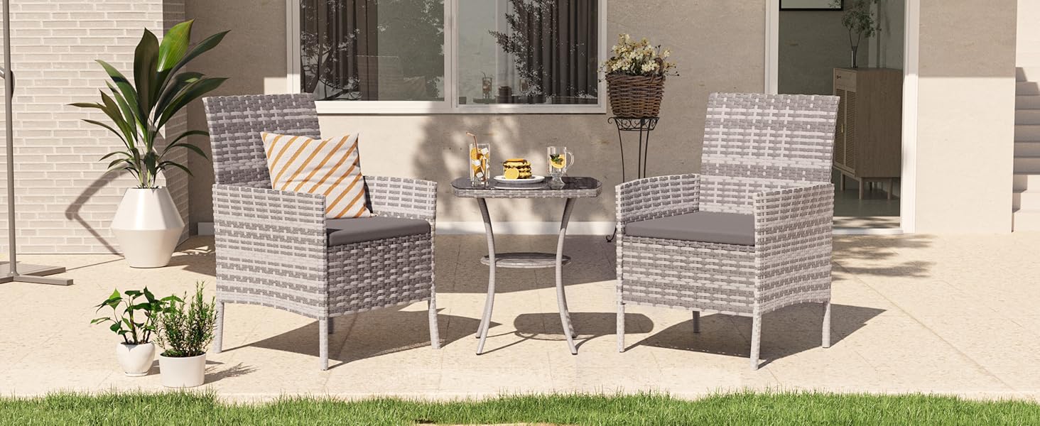 Набір садових меблів UDPATIO для балкона/тераси: стіл та 2 стільці з поліротангу (сірий)