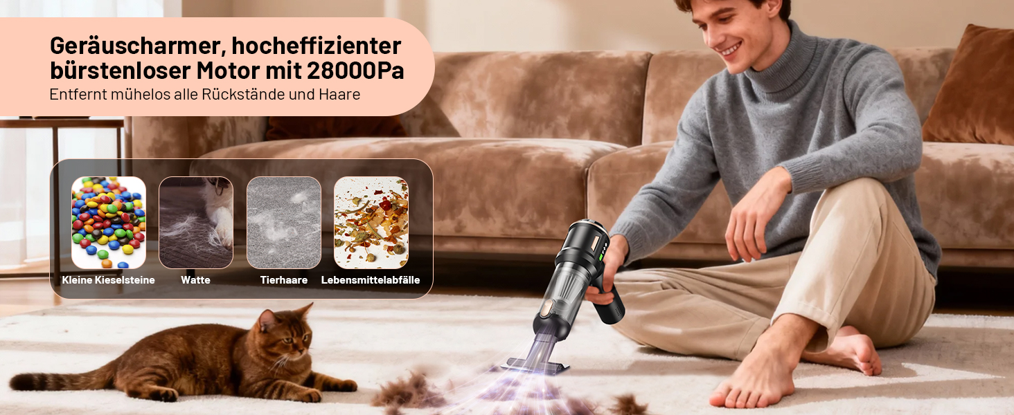 Акумуляторний ручний пилосос Handstaubsauger 28000Па, бездротовий автомобільний пилосос 4-в-1 з безщітковим двигуном та функцією самоочищення, для авто, дому та шерсті тварин, чорний