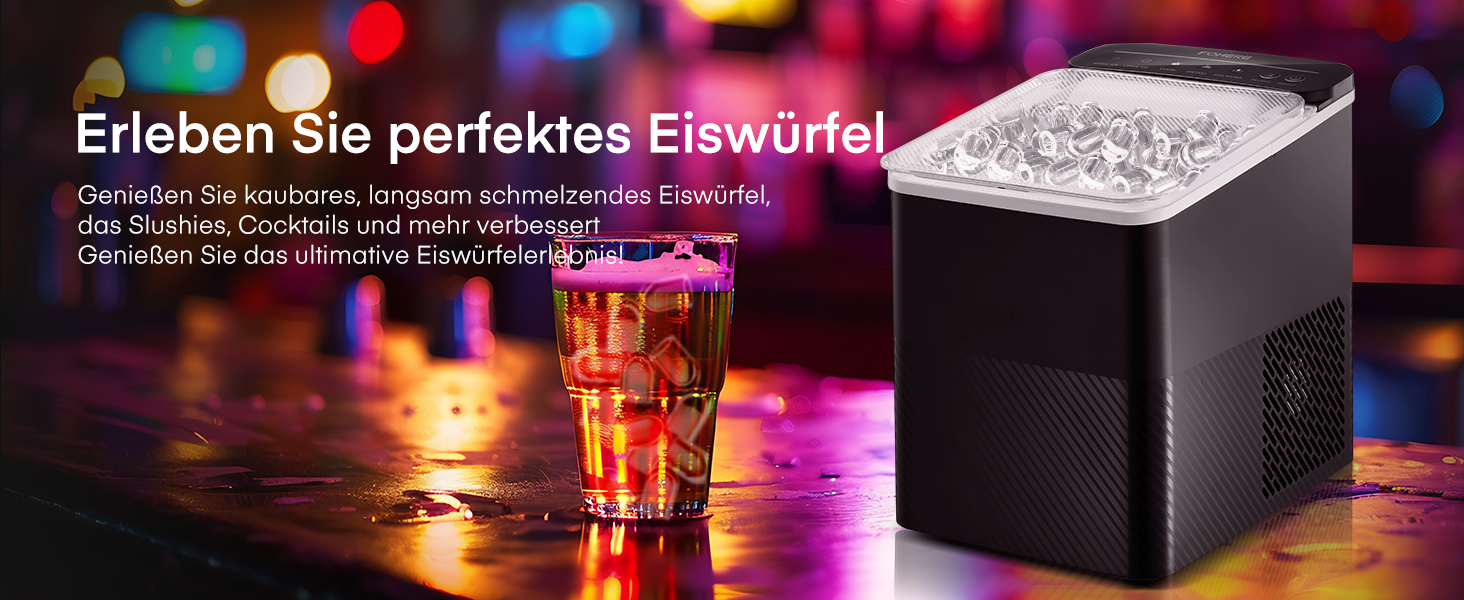 Льодогенератор Fohere портативний самоочисний, 14 кг/24 год, 2 розміри льоду, компактний, чорний - для дому, бару, офісу, кемпінгу