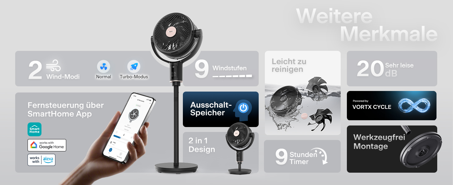 PELONIS вентилятор підлоговий Smart з осциляцією, DC мотор, 9 швидкостей, 26dB, регулювання висоти 36-110см, 9H