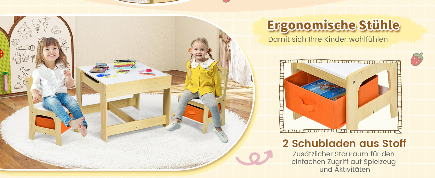 Дитячий столик з двома стільцями GOPLUS 3tlg. - дерев'яний комплект меблів для дітей, з місцем для зберігання, для дому