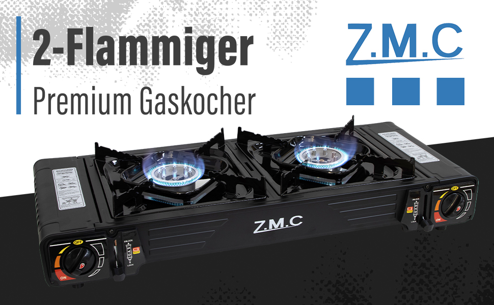 Преміум газовий набір для кемпінгу ZMC з 2 конфорками, 2,5 кВт, Piezo-запалювання, валіза для транспортування. Ідеально для відпочинку на природі, балкону та дому. Включає гриль-плиту 45×24 см та 227г газові картриджі.