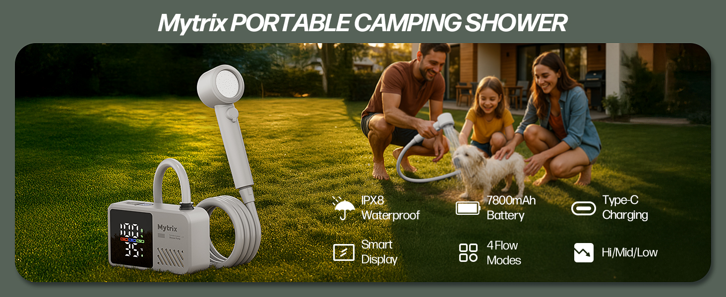 Митрікс Портативна душова система для кемпінгу: 10л/хв, акумулятор 7800mAh, 4 режими, IPX8, для подорожей та автомиття