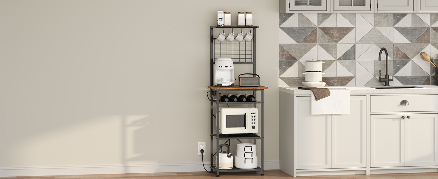 Стелаж для кухні з розетками, підлоговий, бакалійний, 35 x 48 x 135 см, 4 гачки, станція для кави з тримачем для пляшок та гачками, вінтажний коричневий та чорний ABRHR23UE01
