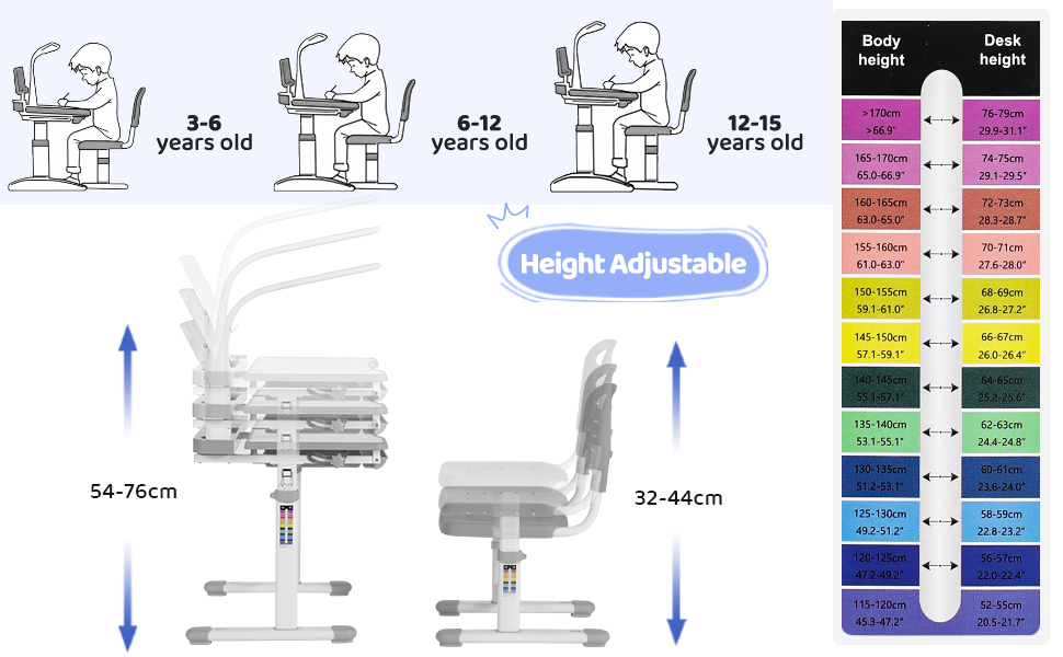 Дитячий письмовий стіл і набір стільців, регульований по висоті, багатофункціональний з лампою та підставкою для читання (сірий)