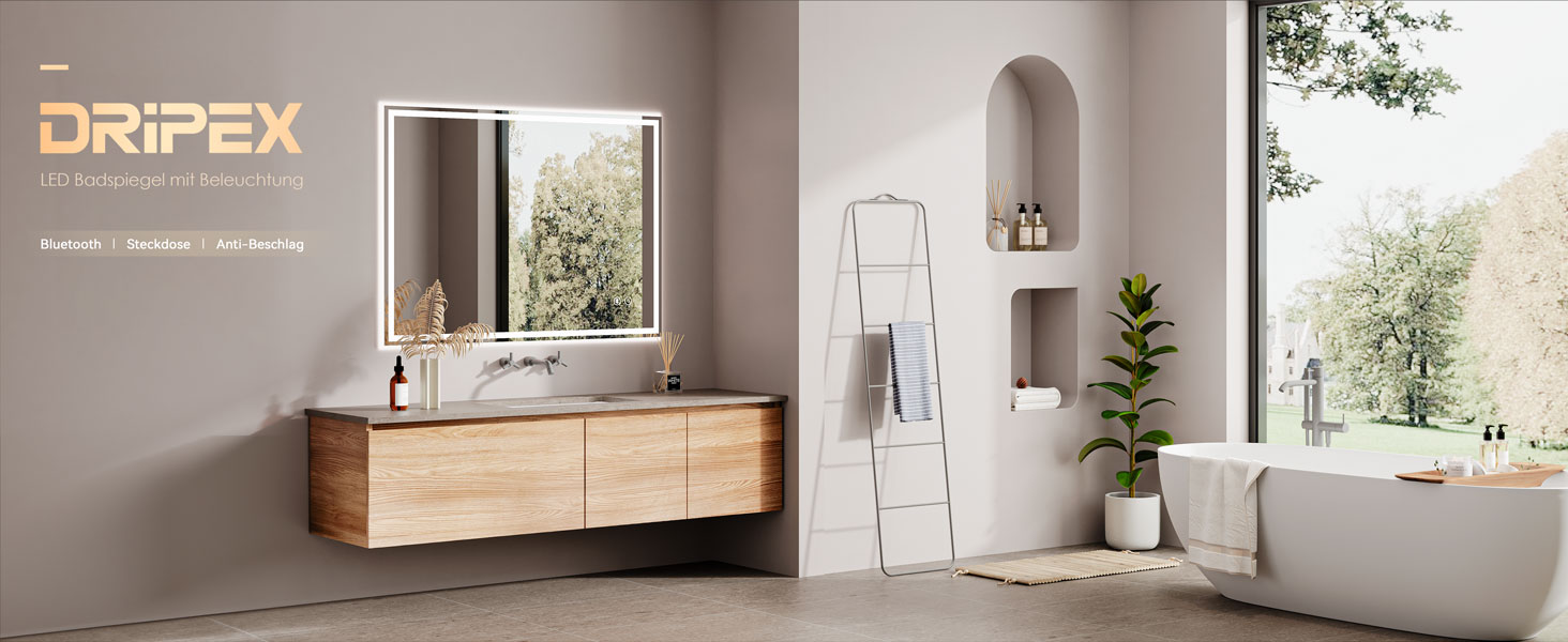Дзеркало для ванної кімнати Dripex з LED-підсвічуванням 50x70 см (60x80 см) з Bluetooth, розеткою та протитуманним покриттям
