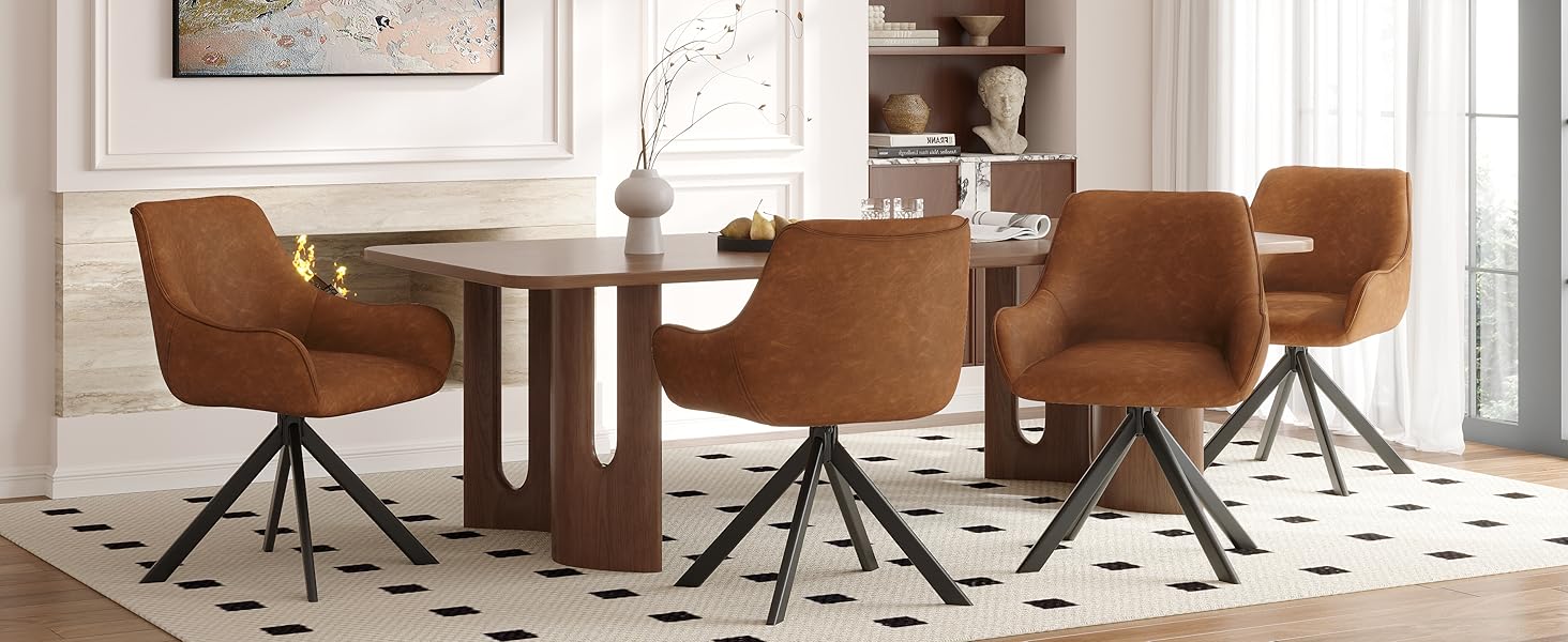 Обідні стільці поворотні, набір 4 шт. з підлокітниками, коричневі. Сучасні стільці для кухні, вітальні, офісу з металевим каркасом та спинкою. Зручні, з м'яким сидінням з льону.