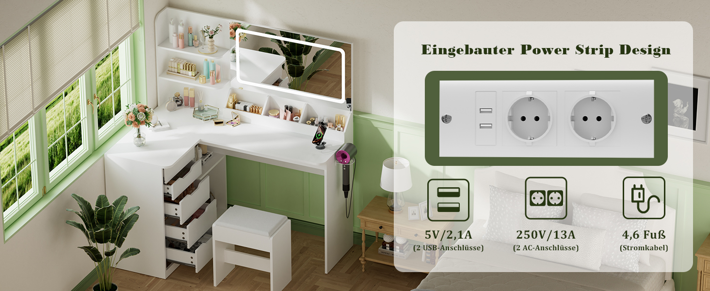 Дзеркальний столик для макіяжу Devoko з LED-підсвічуванням та пуфом, кутовий туалетний столик з розеткою, 5 ящиків, відкриті полиці, тримач для фену, для спальні (білий)