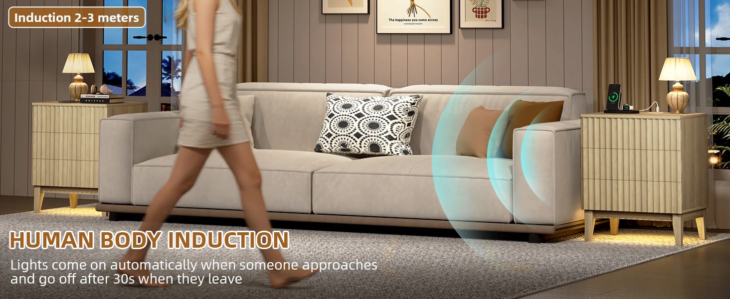 LED тумбочка Gurexl з зарядкою та 3 шухлядами, дерев'яна, з USB та Type-C, з датчиком руху, для спальні, вітальні, офісу, чорна