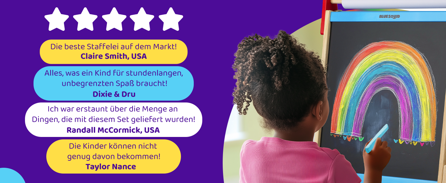 Дитяча мольберт Blue Squid Kinder Staffelei: регульована висота, двосторонній, з крейдяною та магнітною дошкою, рулоном паперу, 100+ аксесуарів, для дітей 3-12 років, преміум-якість 2025