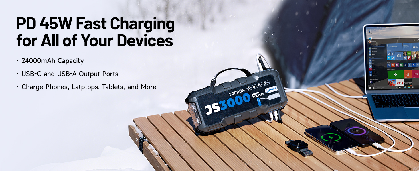 TOPDON JS3000 Powerbank-пускозарядний пристрій для авто, 24000mAh, 3000A, сумісний з бензиновими (9L) та дизельними (7L) двигунами, вбудований LED, EVA-сумка