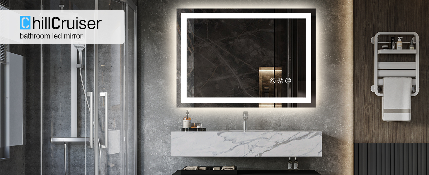 Дзеркало для ванної кімнати ChillCruiser LED круглої форми 50 см з чорною рамою, антизапар, 3 кольори, функція пам'яті