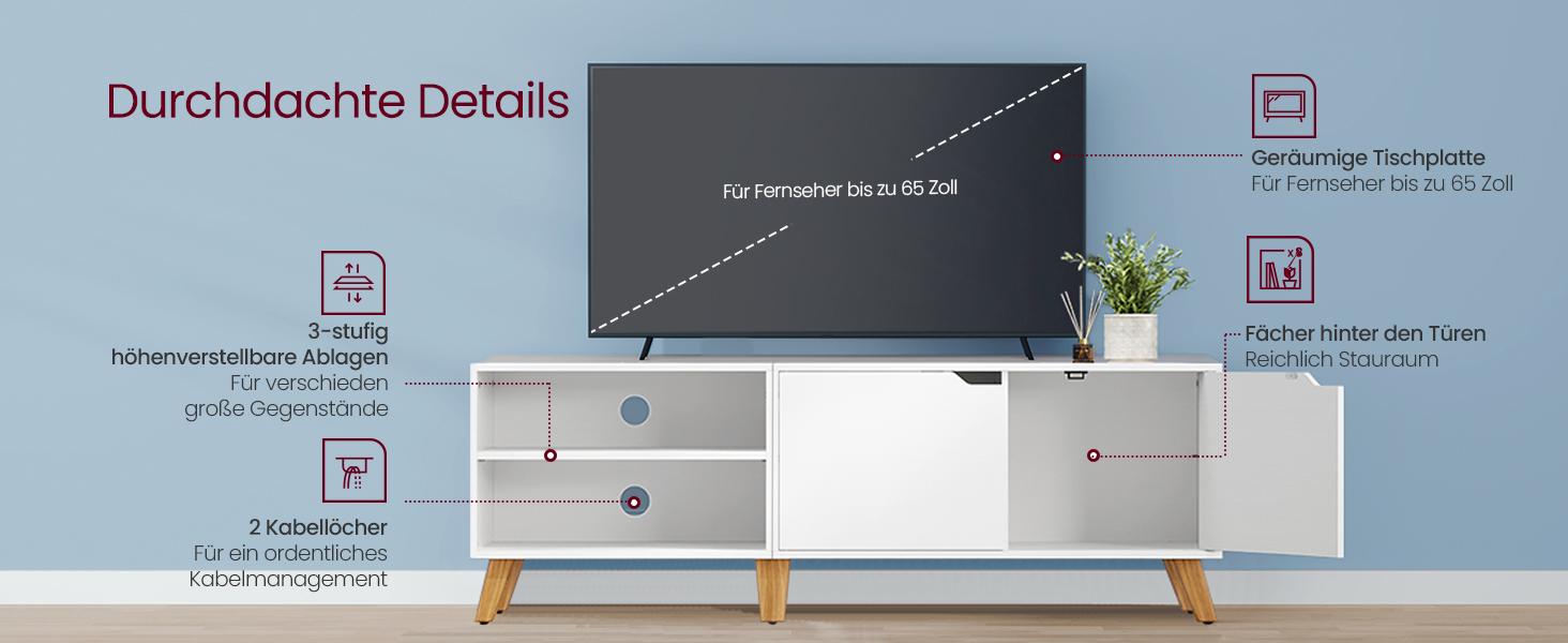 Тумба під телевізор VASAGLE 160 см, біла, з двома дверцятами, для ТВ до 65 дюймів, з регульованими полицями, для вітальні, спальні