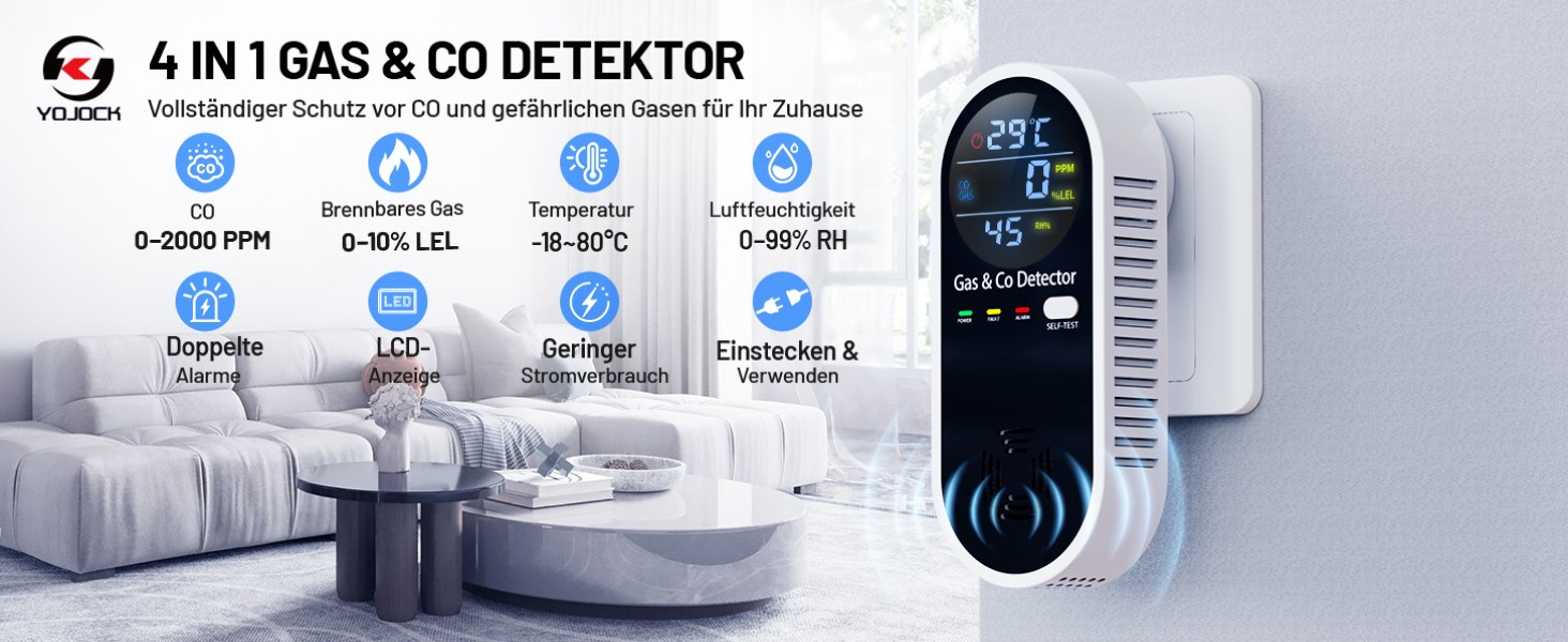Датчик газу та CO з акустичним сигналом YOJOCK 4-в-1, вимірювач CO, датчик температури та вологості, газовий сповіщувач, самотестування, для дому та офісу, білий