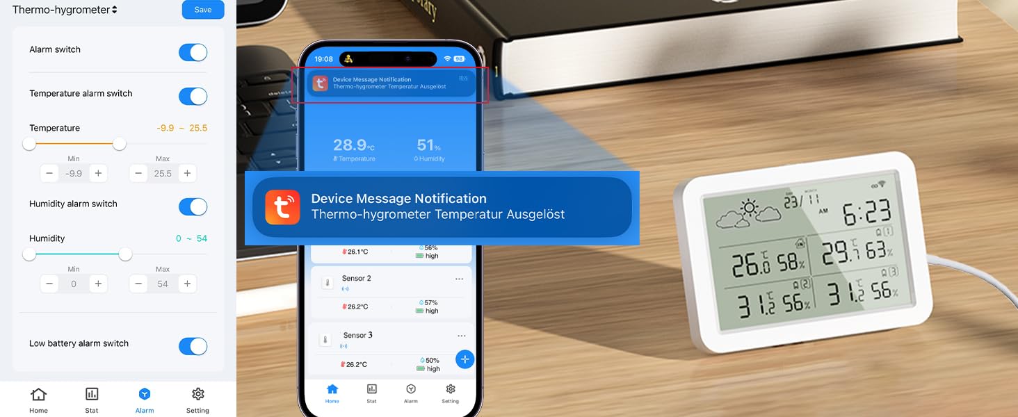 Термометр-гігрометр WIOONI Wi-Fi з LCD-дисплеєм: 3 сенсори + 1 база. Сумісний з Tuya/Smart Life