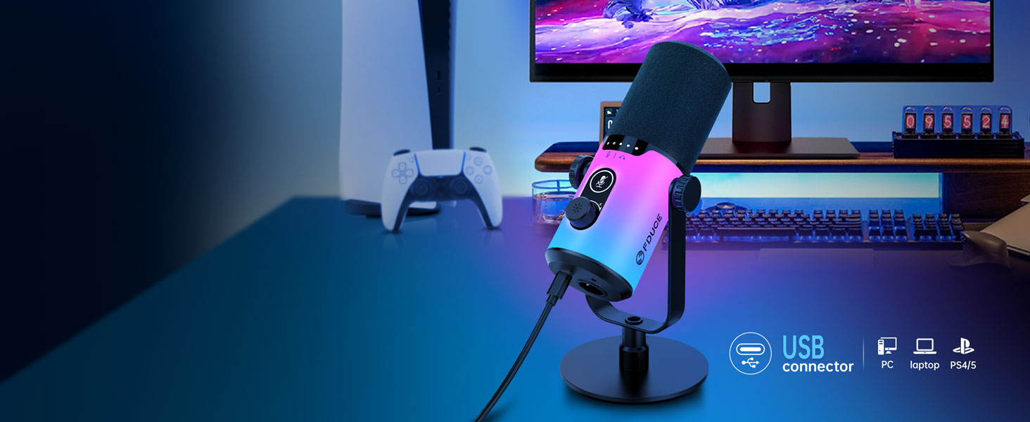 USB/XLR мікрофон для геймінгу та запису голосу FDUCE з RGB підсвічуванням, регулятором посилення та навушником.