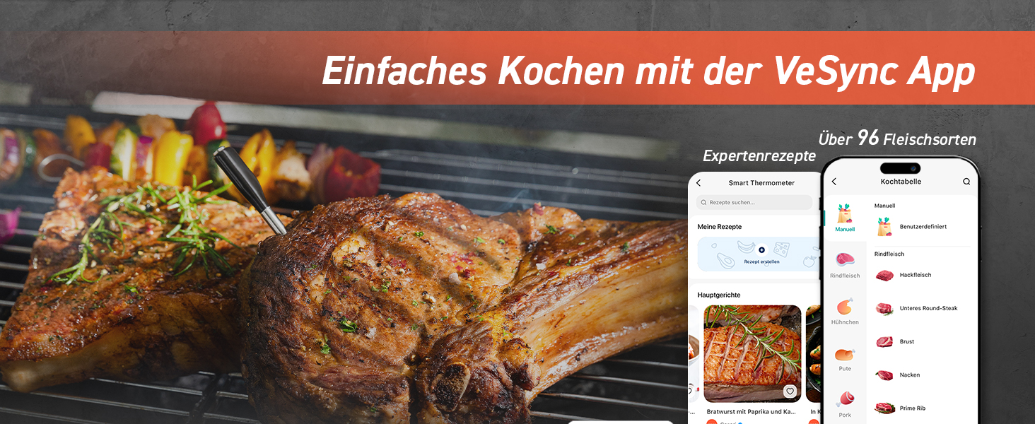 Термометр для м'яса COSORI Smart - бездротовий, Bluetooth, для фритюрниці, приготування на грилі та духовці, чорний