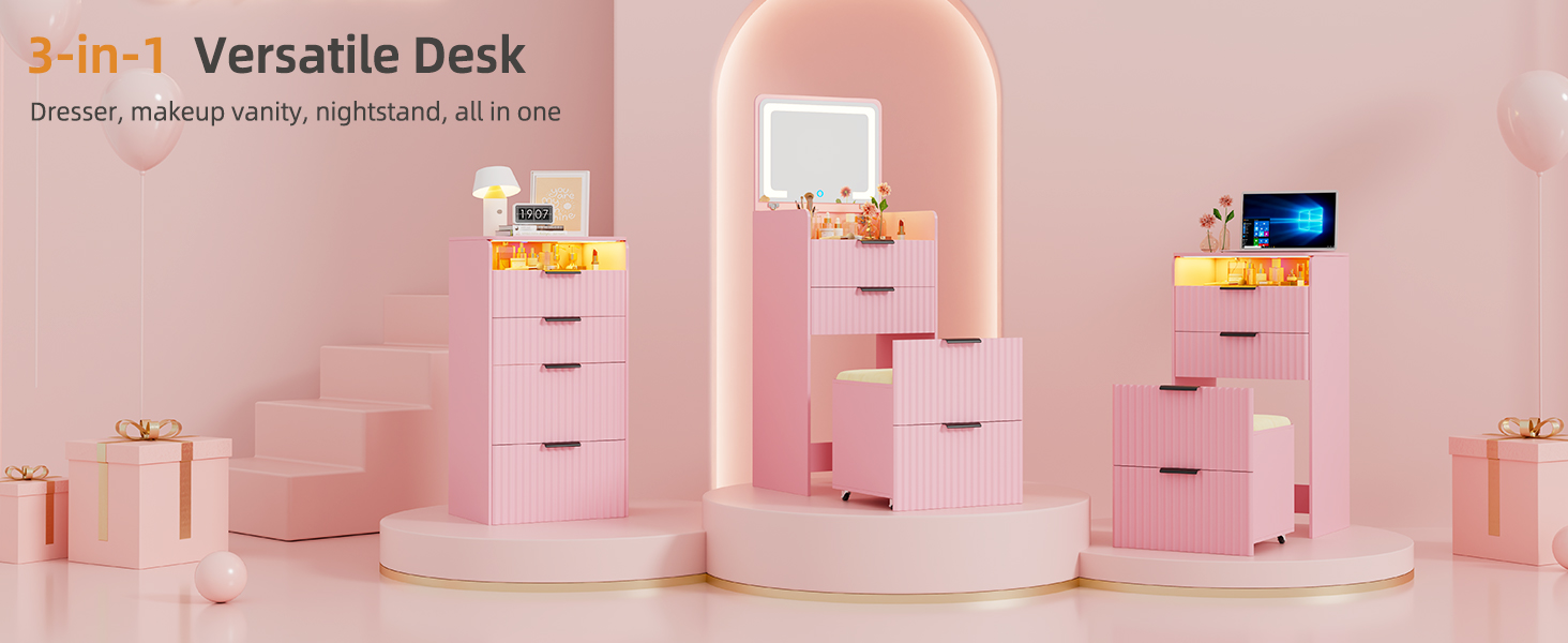 Трюмо Lvifur з LED-дзеркалом та 3 шухлядами, кутовий, для спальні, квартири, гуртожитку, білий (рожевий)