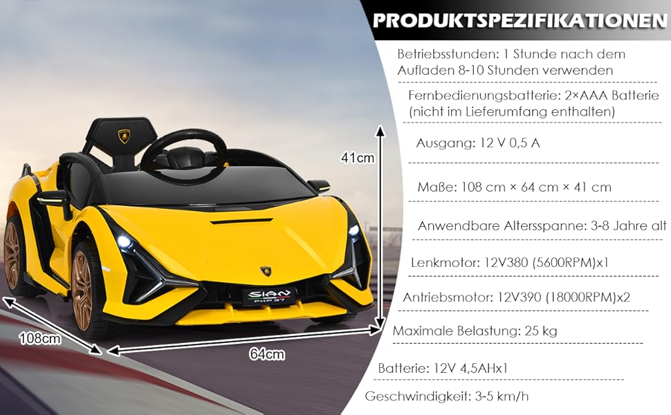 Дитячий електромобіль GOPLUS Lamborghini з пультом, Bluetooth, USB, музикою, для дітей 3-8 років, білий/жовтий