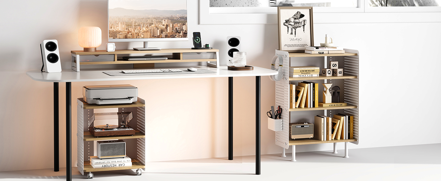 Стіл для принтера Fenge з колесами, мобільний тримач для принтера з перфорацією, 3 рівні, стійка для принтера/роликовий контейнер з органайзером, полиця, шафа для документів, для офісу та дому, 45,3x33,5x53,5 см (Дуб+Білий)