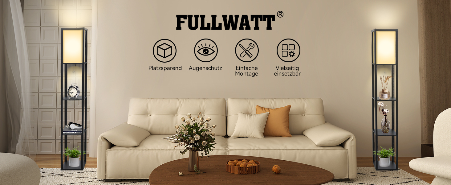 Торшер Fullwatt з дерев'яною полицею та підсвічуванням для спальні та вітальні (чорний)