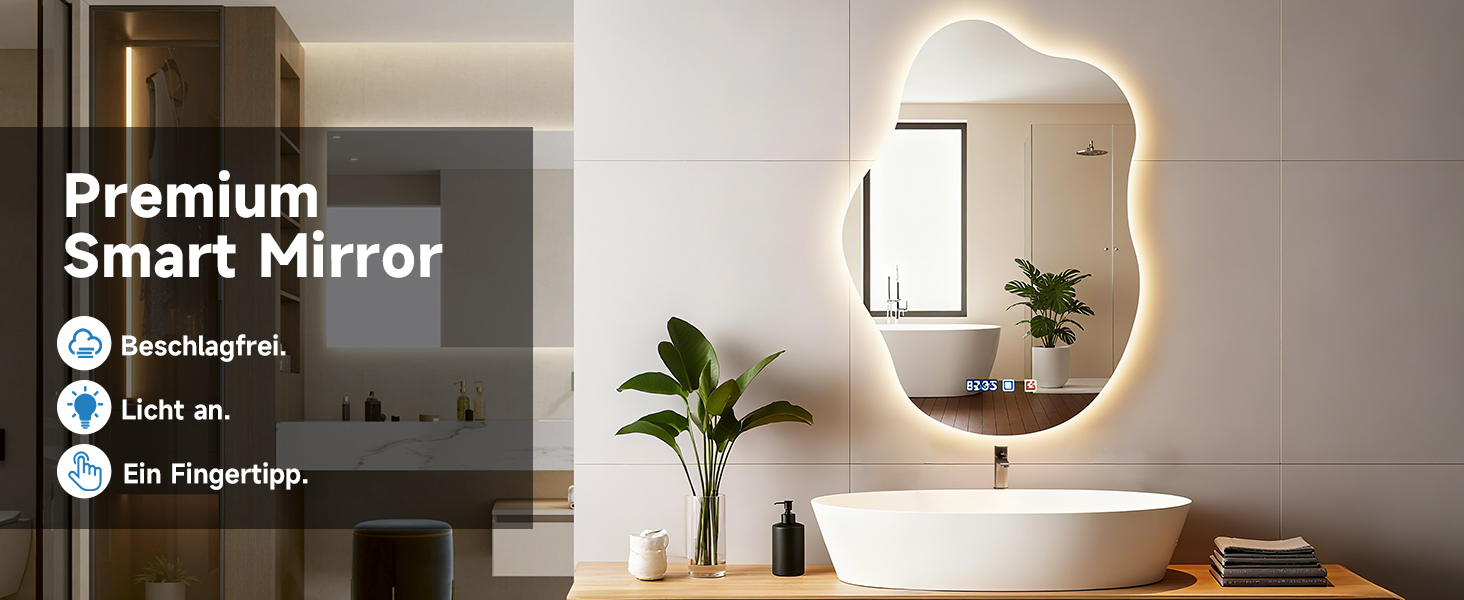 Дзеркало для ванної кімнати з підсвічуванням 50x70 см, з підігрівом, годинник, LED-підсвічування, сенсорна кнопка, функція пам'яті, 3 кольори світла, регулювання яскравості