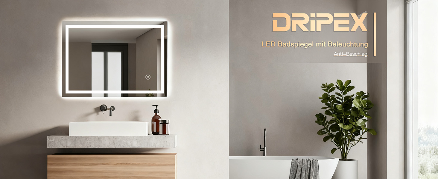 Дзеркало для ванної кімнати Dripex LED з підсвічуванням, сенсорна кнопка, протизапітніння, 6400K, енергозбереження, 50x70 см