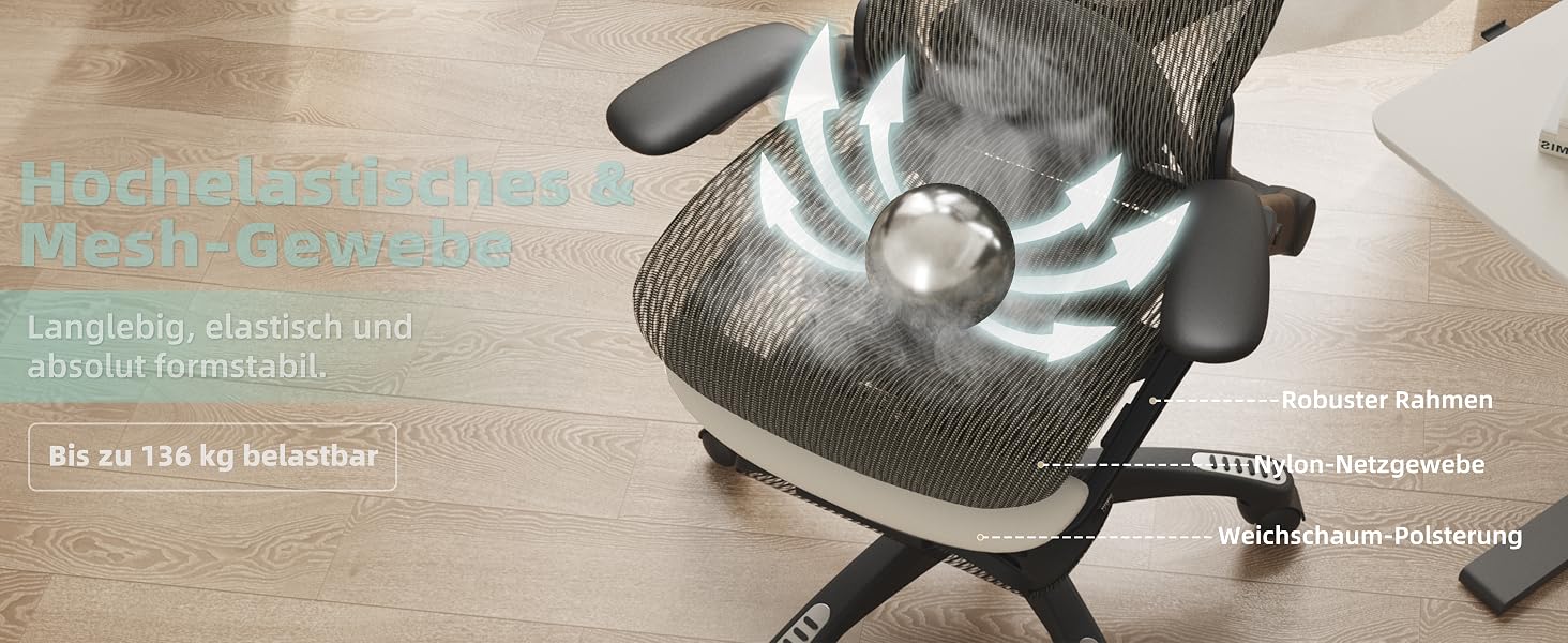 Ергономічне офісне крісло ELABEST X100 з високою спинкою, сіткою та підставкою для ніг (Коричневий/Горіх, Нейлон)