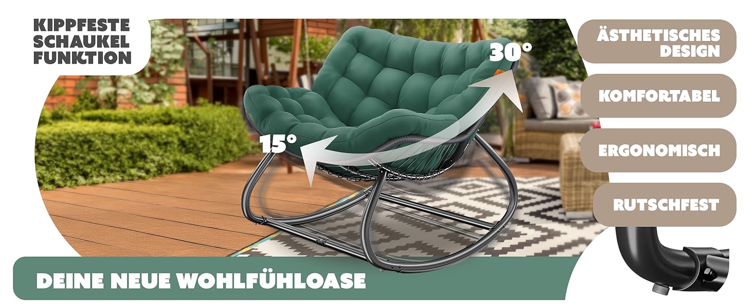Крісло-гойдалка KESSER XXL для вулиці та дому, зелений, до 150 кг, з подушкою, ергономічне, для саду та балкону
