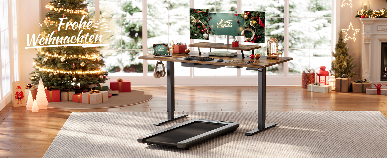 Стіл письмовий регульований по висоті VASAGLE з підставкою для монітора, шухлядою, USB-C та нагадуванням про перерви, 140 x 70 см, Vintage Brown