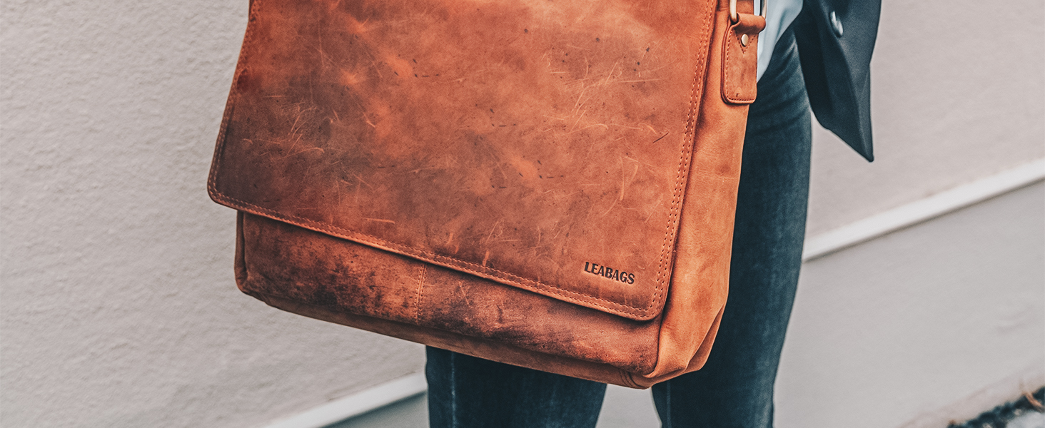 Сумка для ноутбука 15 дюймів LEABAGS з натуральної шкіри та тканини Оксфорд, 38x10x31 см, колір мускат