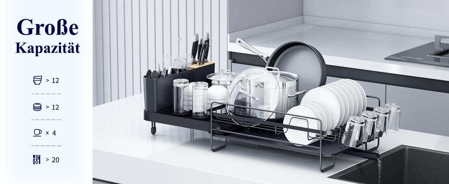 Сушилка для посуду Kitsure, висувна, багатофункціональна, з місцем для столових приборів, 67.8 x 32.7 x 14.9 см, чорна
