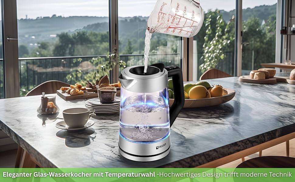 Електричний чайник-заварник зі скла та нержавіючої сталі, 1.7 л, 2200 Вт, з регулюванням температури, з підсвічуванням, BPA Free