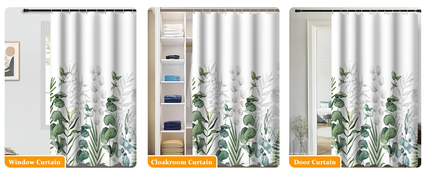 Штора для душу 180x220 см, антигрибкова, з тропічним дизайном (зелені пальмові листя, евкаліпт, гриби), водонепроникна, поліестер, для ванної кімнати, з 12 гачками