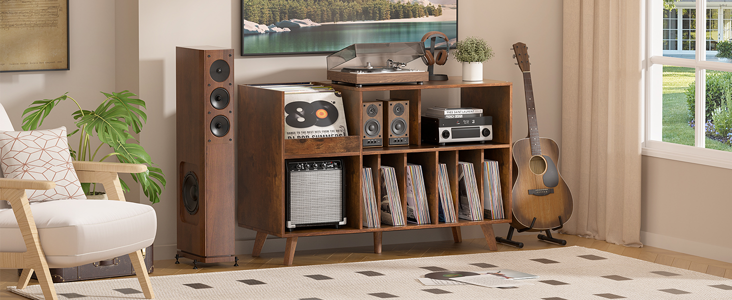 Стійка для платівок з полицями на 450 альбомів, коричнева. Підставка для вінілових платівок для музичної кімнати або вітальні