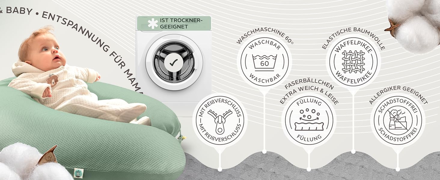 Подушка для вагітних та годування Sei Design XXL 190x30 см, м'ята - ергономічна, з регульованою наповнюваністю, з чохлом з бавовни Oeko-TEX