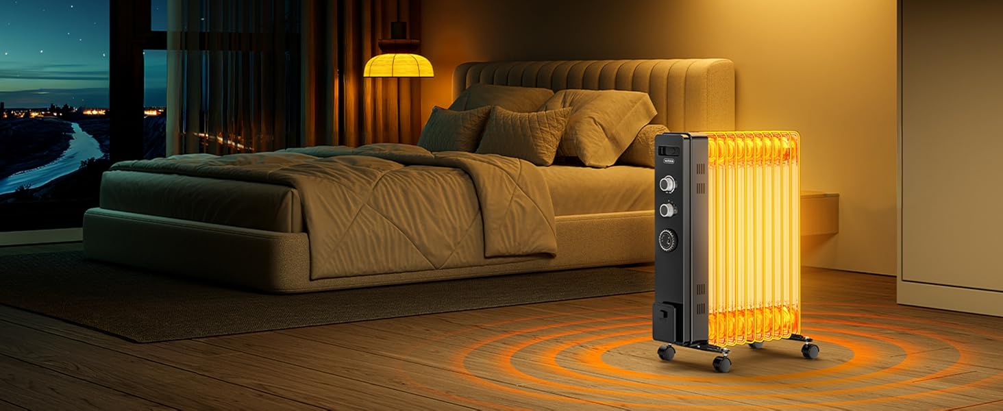 Масляний радіатор VonHaus 2.5 кВт з термостатом - білий/чорний, 11 ребер | Електричний обігрівач для дому та офісу