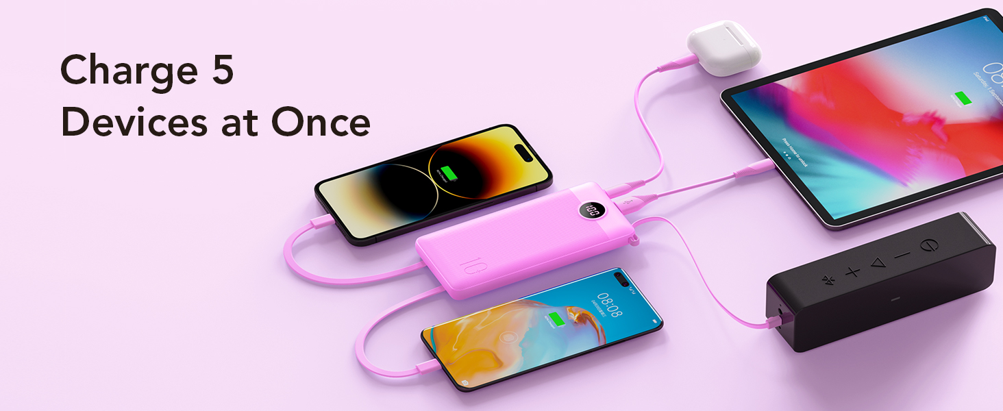 З кабелем, LED-дисплей, 5 виходів, 2 входи, USB C, жовтий, сумісний з iPhone/Huawei/Samsung/iPad, 10000mAh