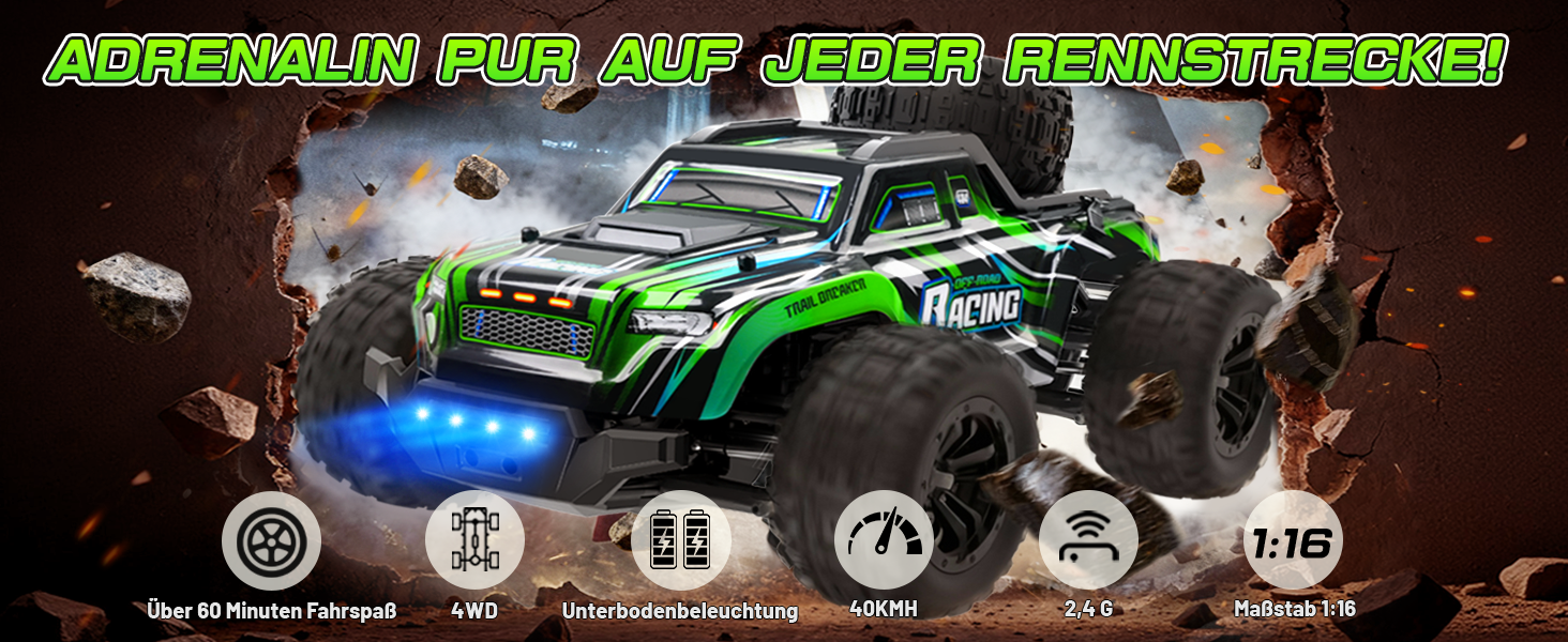 RC Автомобіль 1:18 - Швидкісний позашляховик 2.4GHz з LED підсвіткою, 2 батареї, 25 км/год, для хлопчиків від 3 років