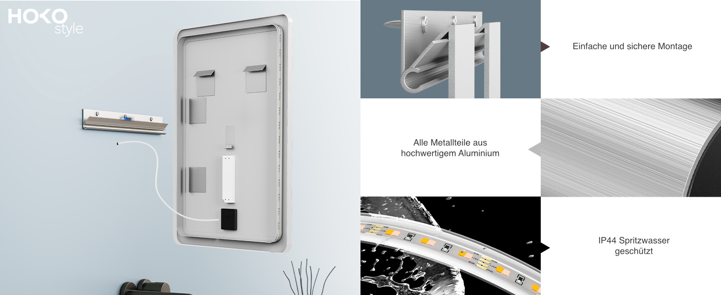 Дзеркало для ванної кімнати HOKO LED Texas 60x80 см з підсвічуванням, підігрівом проти запотівання та чорним металевим каркасом. Можливість монтажу HOCH+QUER. Сенсорне управління, перемикання світла 2700-6500K (тепле, холодне, нейтральне біле світло).