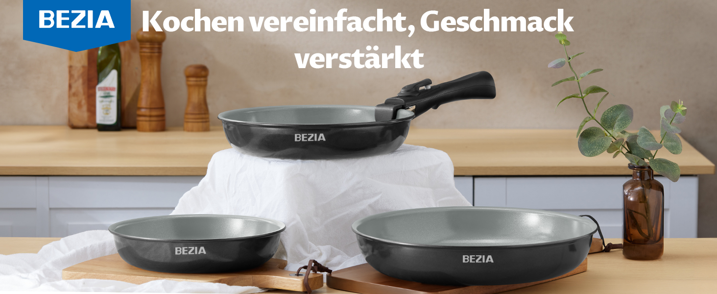 Набір сковорідок BEZIA з знімними ручками, антипригарне покриття, індукційні, 20+24+28 см, стакельне, придатні для миття в посудомийній машині та духовці