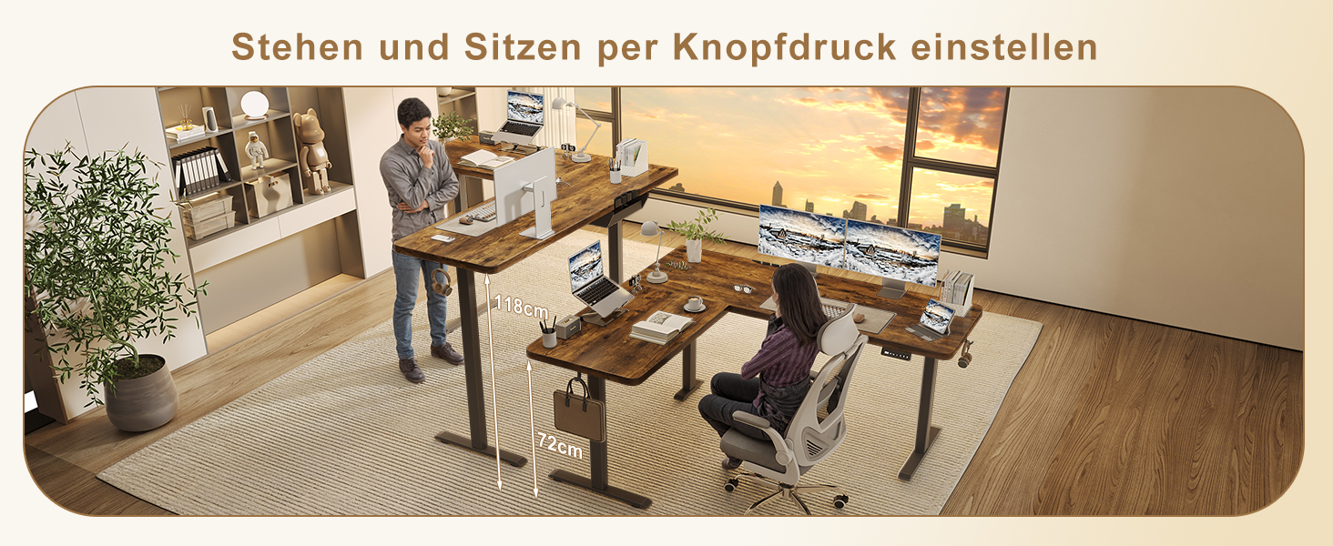 Регульований кутовий стіл 160x140 см з полицею, електропривод, коричневий