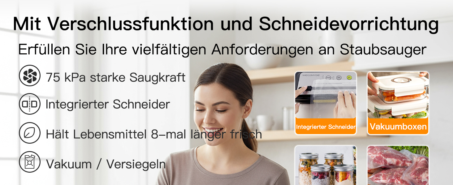 Вакууматор MegaWise — потужний компактний вакуумний пакувальник для продуктів з автоматичним режимом One-Touch, сріблястий