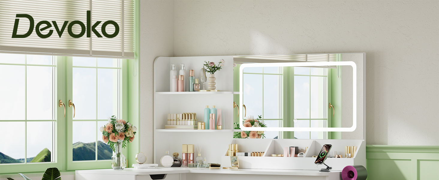 Дзеркальний столик для макіяжу Devoko з LED-підсвічуванням та пуфом, кутовий туалетний столик з розеткою, 5 ящиків, відкриті полиці, тримач для фену, для спальні (білий)